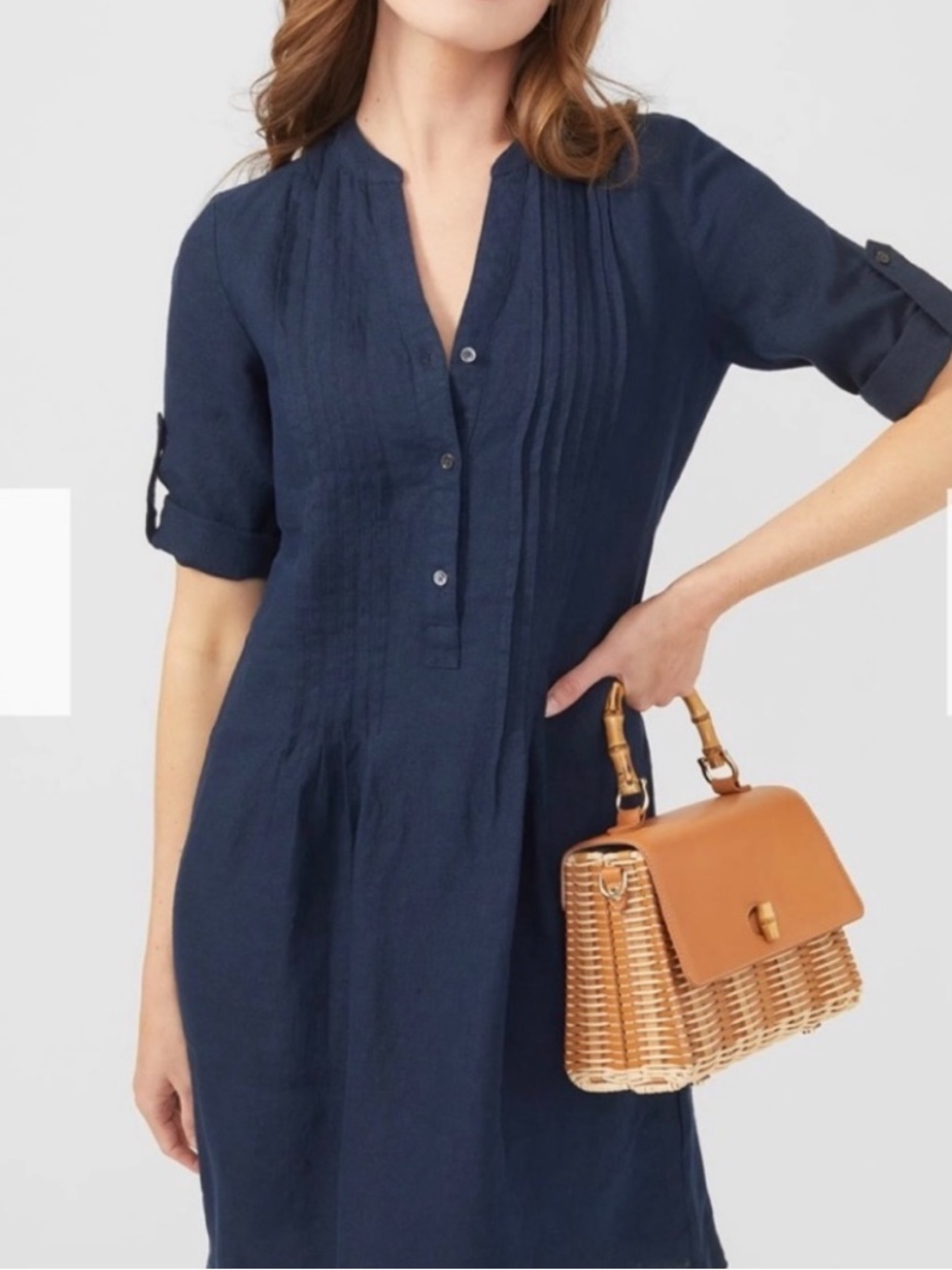 J. McLaughlin Riviera Linen Dress Navy Pintuck Roll Tab Sleeve Size M